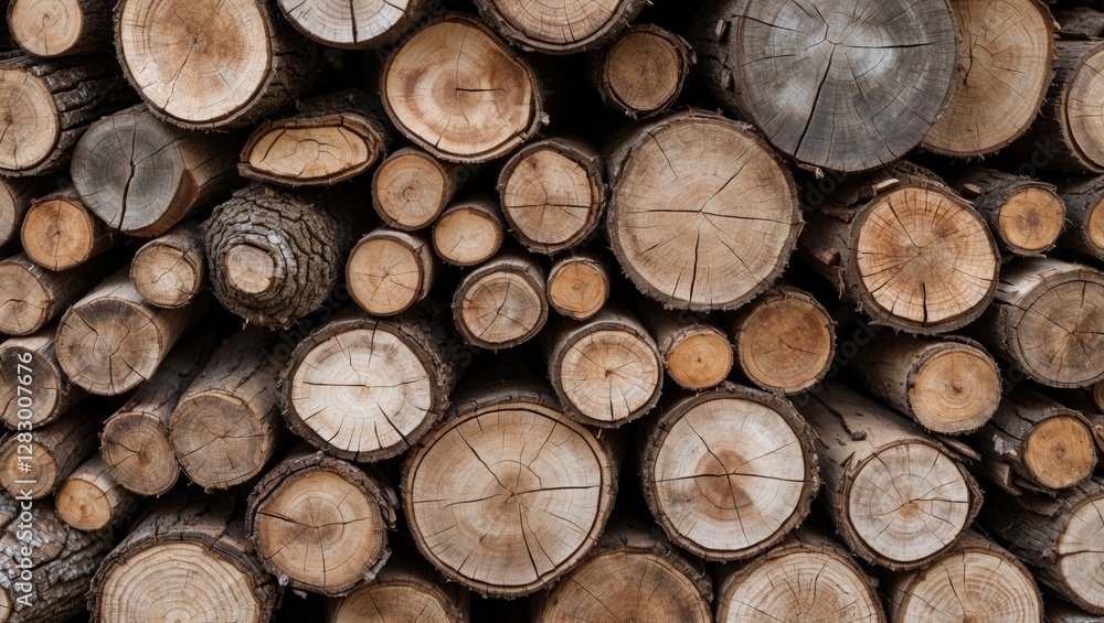 Poster wooden log stack background showcasing various tree rings and textures ideal for rustic or nature-th