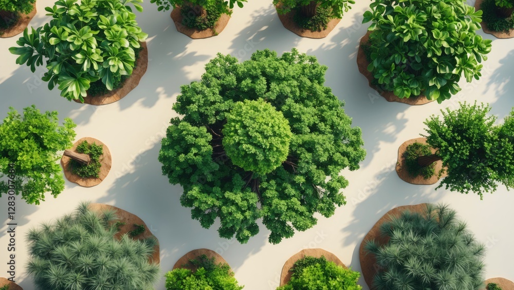 Aufkleber Aerial view of various green trees with different shapes and sizes arranged in a circular layout on a light background