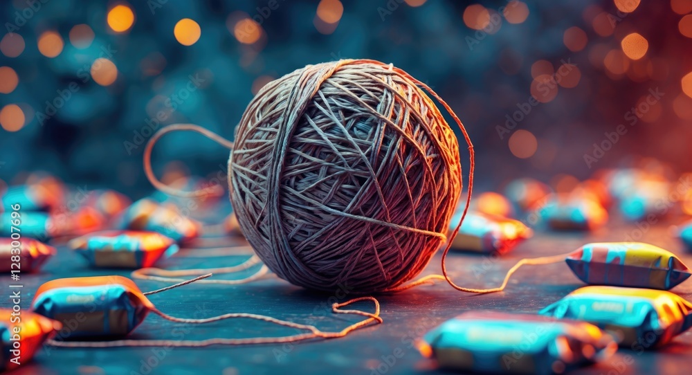 Poster textured parcel string ball with colorful wrapped candies on blurred background creating a warm and 