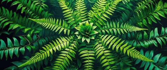 Green foliage pattern with symmetrical arrangement of ferns and succulent plant top view natural botanical background