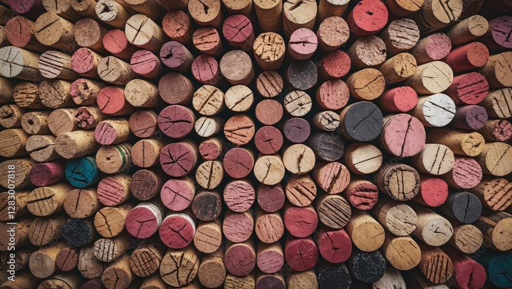 Poster Textured background of assorted used wine corks in various colors and patterns showcasing the artistry of wine storage.