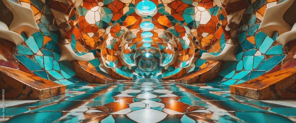 Poster interior of a colorful mosaic tiled corridor with vibrant patterns and reflections in a modern archi