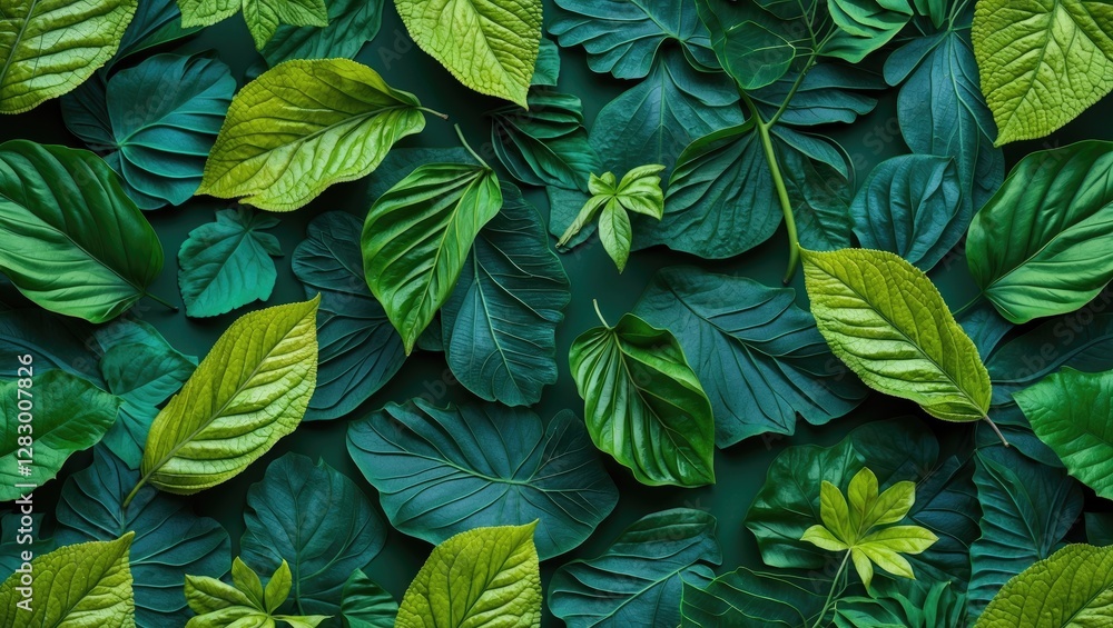 Aufkleber lush green leaf background pattern with varied textures and shades for creative use and copy space.
