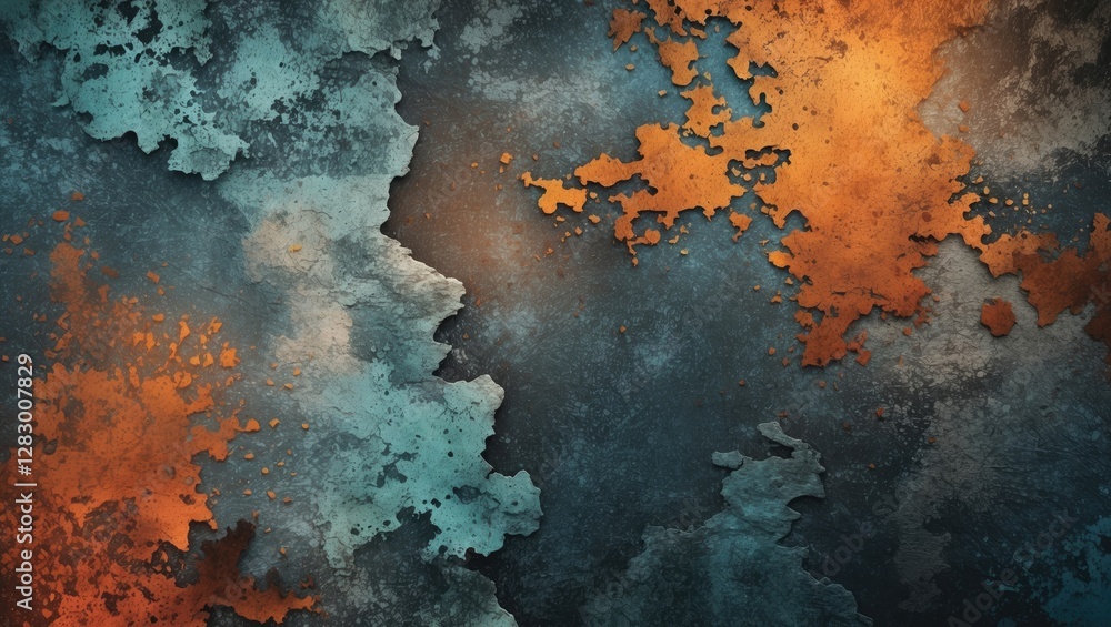 Poster textured abstract background with peeling paint in shades of blue, gray and rust orange on a dark su
