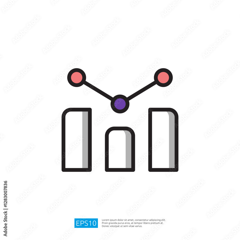 Poster icon of data analytics and growth charts with colorful bars and graphs representing business perform