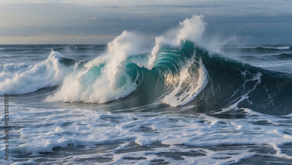 Poster Dynamic ocean wave crashing against the shore under a cloudy sky with foam and splashes in the foreground