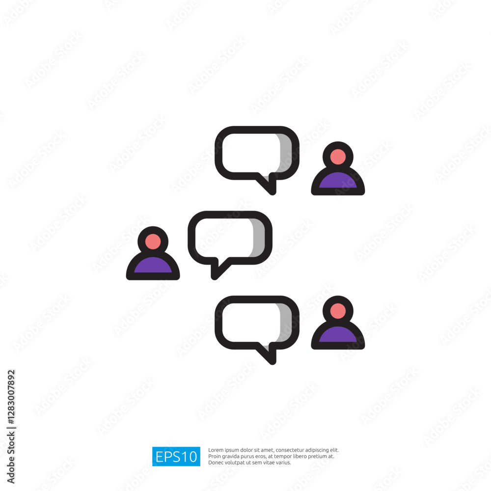 Poster communication icon depicting people engaging in dialogue with speech bubbles representing virtual co