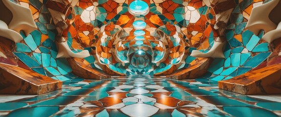 Obraz premium Interior of a colorful mosaic tiled corridor with vibrant patterns and reflections in a modern architectural setting