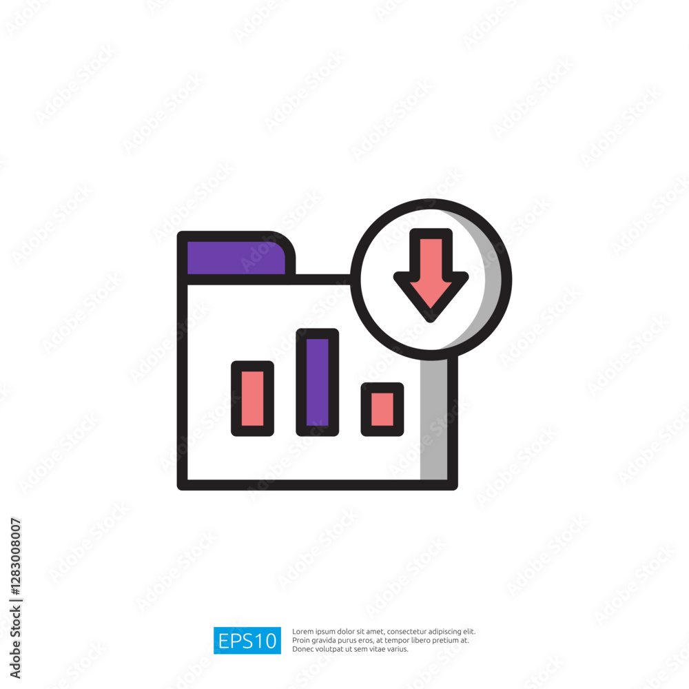 Poster download icon representing data analytics with folder and graph for business use in a digital worksp