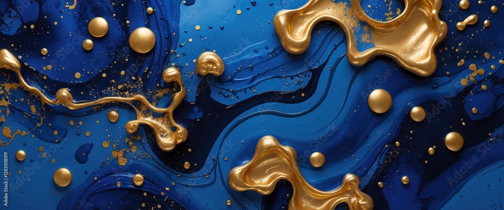 Poster luxury abstract gold and indigo blue background featuring alcohol ink technique with acrylic blobs a