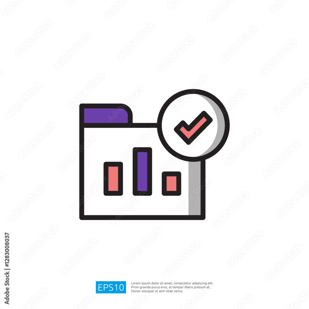 Poster icon of a confirmed data analytics folder with checkmark and bar chart illustrating successful busin