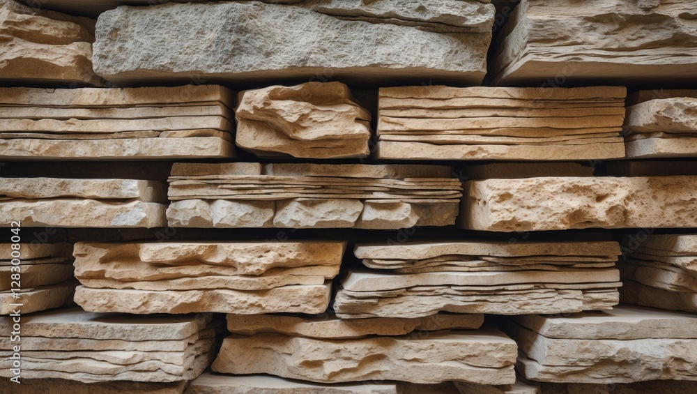 Poster Textured layers of natural stone bricks arranged in a wall pattern with varying shapes and shades of beige and gray tones
