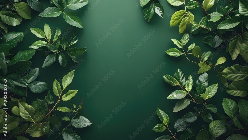 Poster lush green leaves framing a vibrant backdrop creating a serene nature-inspired scene perfect for bac
