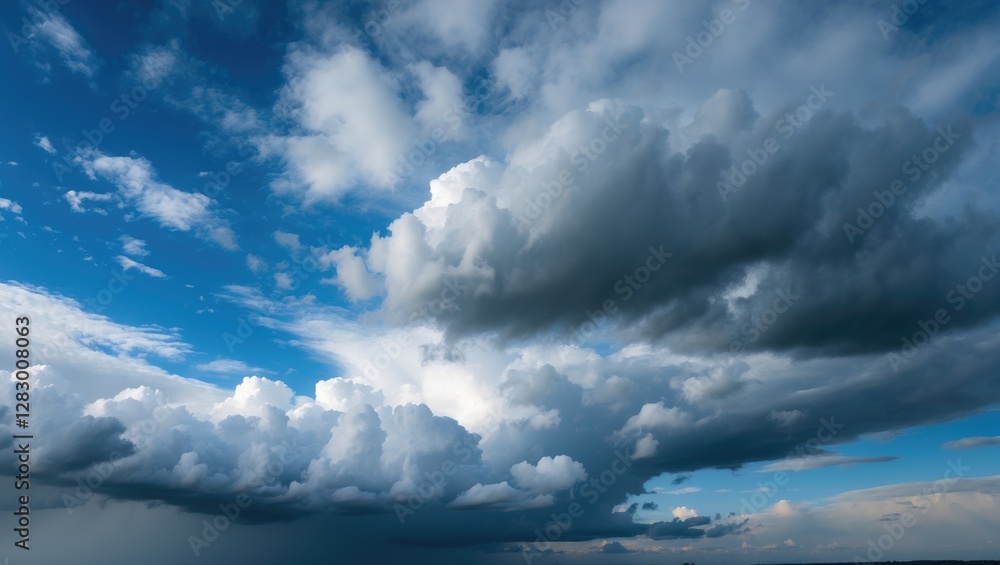 Poster dramatic blue sky with white cumulus clouds and sunlight peeking through creating an atmospheric and