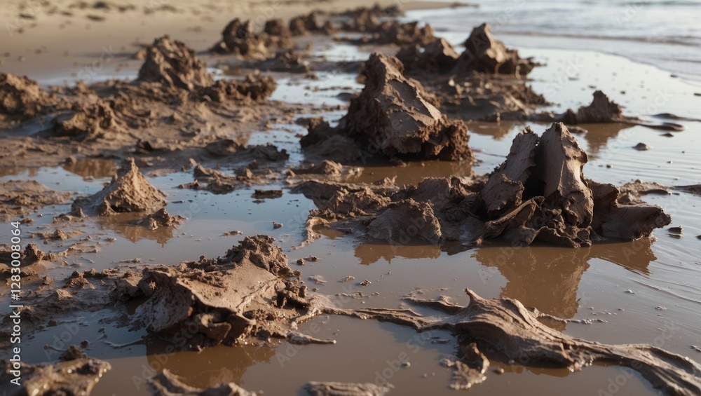 Poster mud formations along a beach shoreline reflecting sunlight during low tide with wet sand and water i