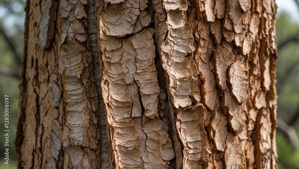 Poster Close-up of textured tree bark displaying layered patterns and natural colors in outdoor setting.