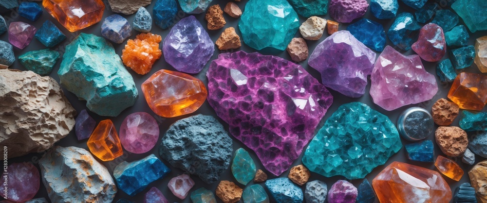 Poster colorful assortment of various gemstones and crystals displayed on a textured surface with natural l