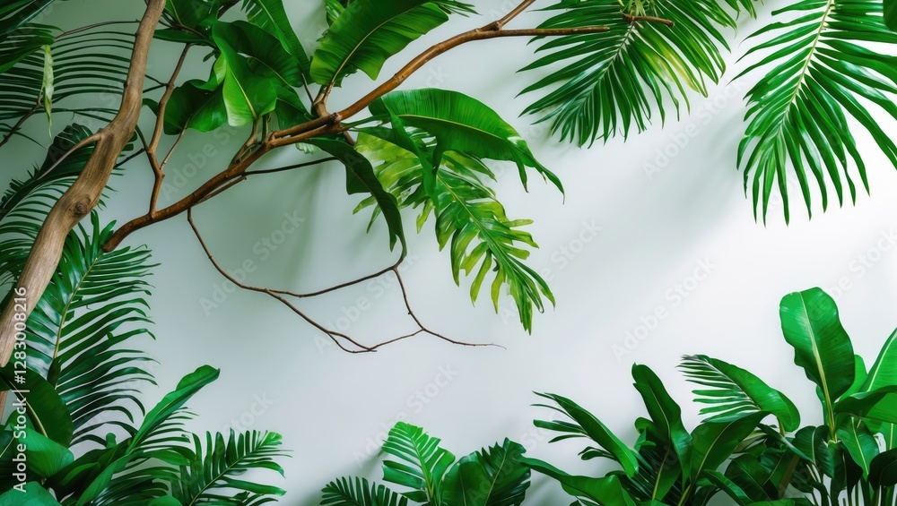 Poster tropical foliage background with various green leaves and branches against a light wall creating a n