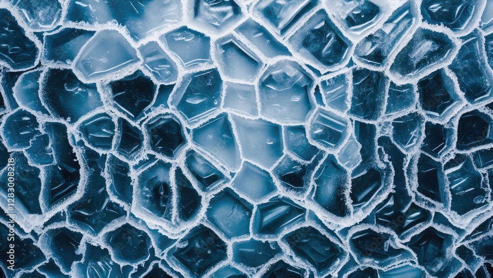 Aufkleber Close-up of textured blue ice surface with hexagonal patterns and translucent structures in different shades of blue and white.