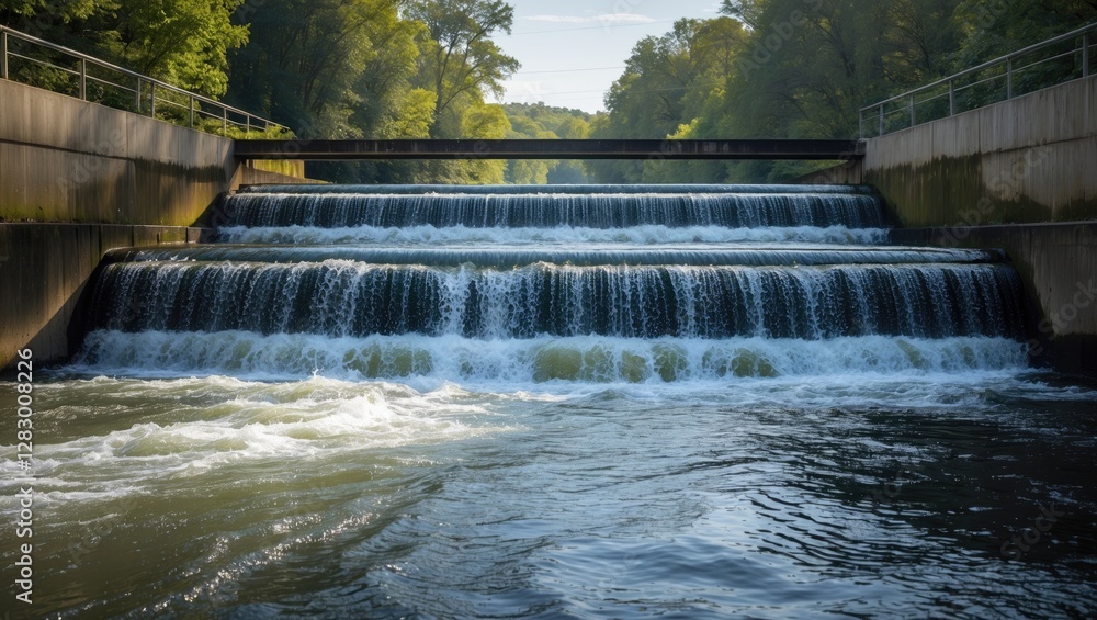Poster waterfall cascading over a dam with lush green trees lining the riverbanks under a clear sky during 