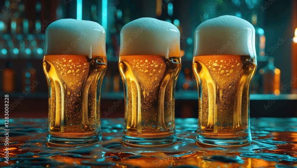 Poster Three glasses of golden beer with frothy heads placed on a reflective surface in a bar setting with blurred background lighting