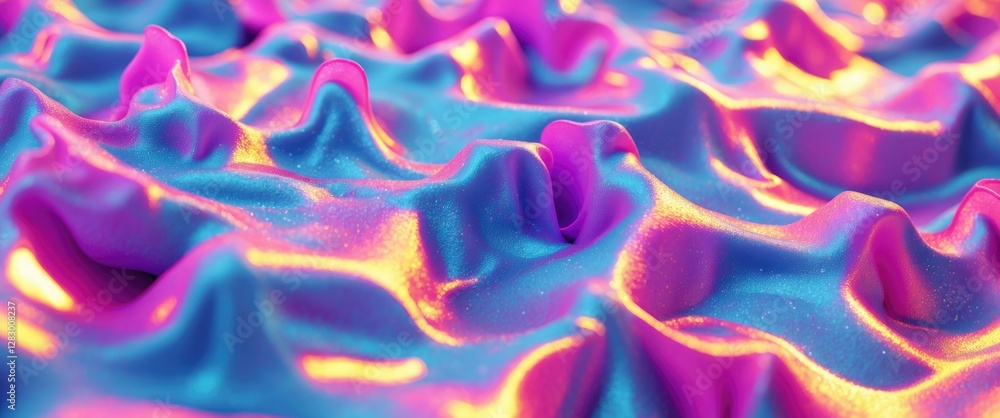 Poster Colorful abstract texture of wavy satin fabric with gradient shades of pink and blue illuminated by soft light