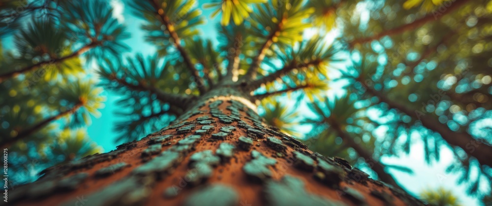 Poster looking up at a tall pine tree with textured bark against a blue sky and green foliage in a natural 