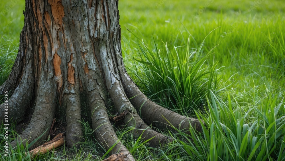 Poster tree trunk with textured bark surrounded by lush green grass in a natural outdoor setting.