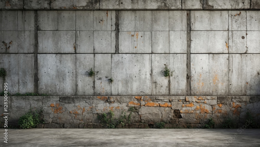 Poster textured old cement wall with orange stains and subtle greenery, creating a rustic and industrial ba