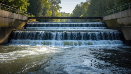 Waterfall cascading over a dam with lush green trees lining the riverbanks under a clear sky during daytime