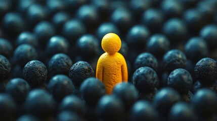 Unique yellow figure stands out among dark spheres in a textured setting filled with uniform objects