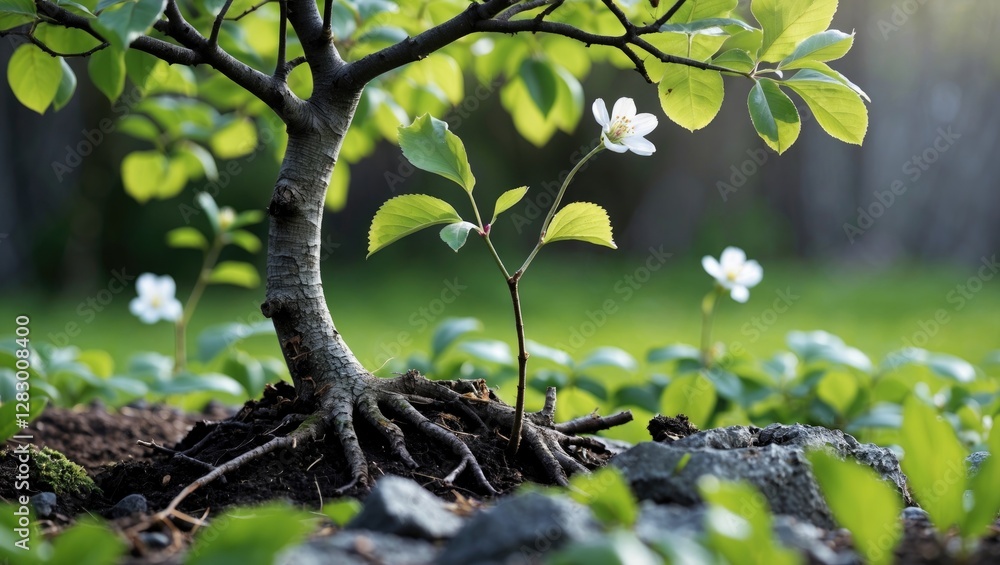 Poster tree with roots and budding flowers in lush green environment representing nature growth and resilie