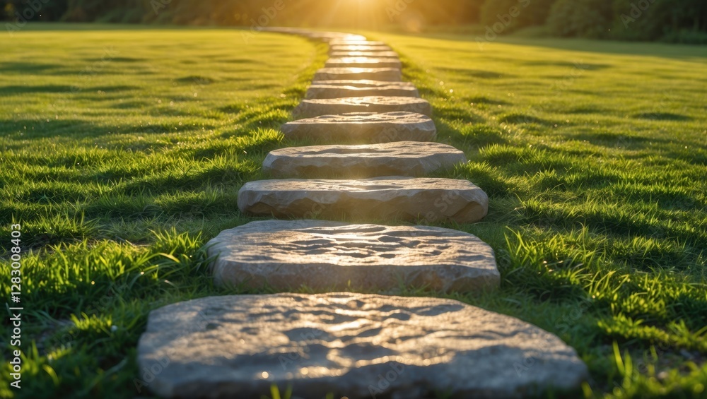 Poster stone pathway in a green grass field illuminated by sunset light creating a serene outdoor atmospher