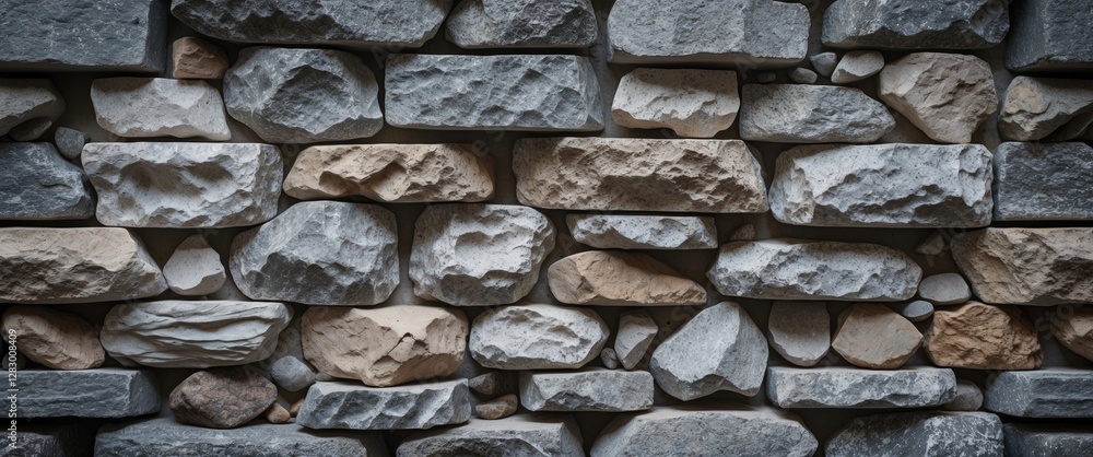 Poster gray and beige stone wall texture with varied shapes and sizes of natural stones in a masonry patter