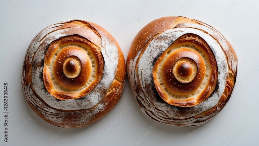 Poster two round artisanal breads with spiral patterns on a light background showcasing crusty surface and 
