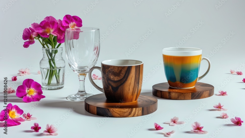 Aufkleber cups on wooden coasters with flowers and glassware on a neutral background arrangements for modern t
