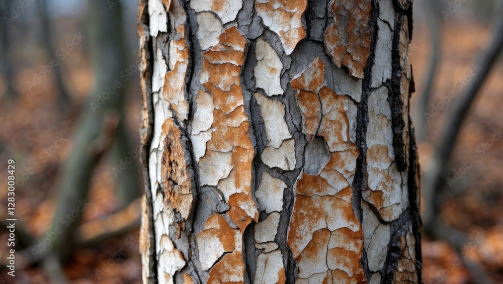Poster textured tree bark with intricate patterns showcasing earthy tones in a forest background highlighti