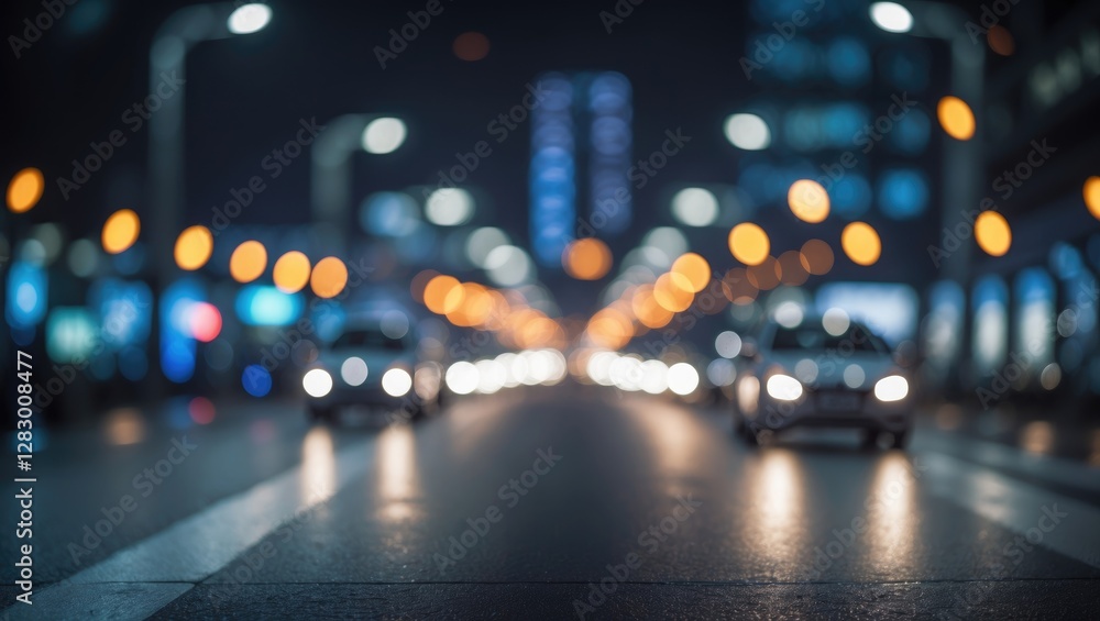 Poster Nighttime city street with blurred headlights and illuminated lampposts creating bokeh effect on wet pavement during rainy weather