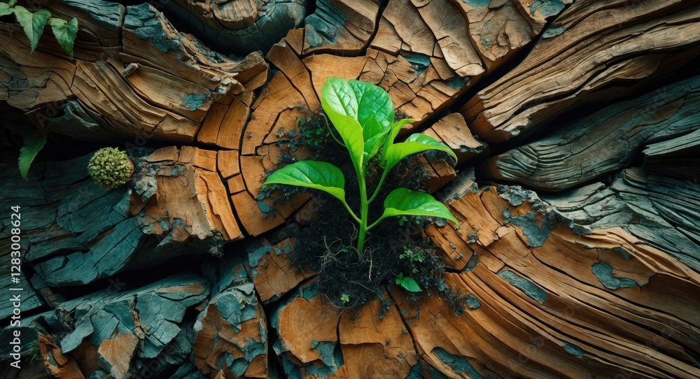 Poster green plant sprouting from a weathered wooden surface with visible textures and cracks in the wood b
