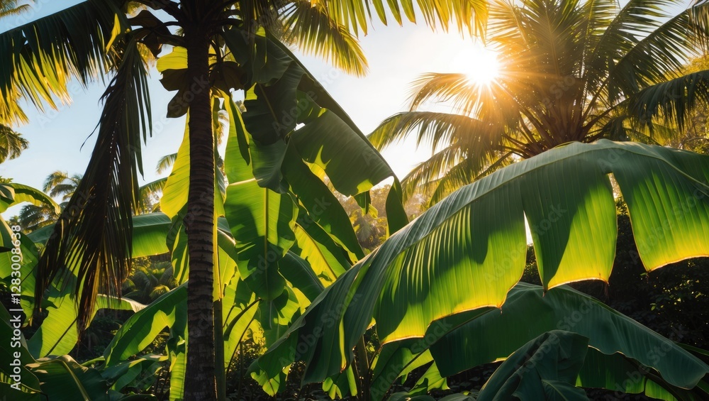 Poster sunlight filtering through lush banana leaves in a tropical setting with vibrant palm trees and natu