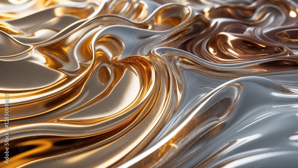 Fototapete Metallic abstract surface with fluid wave patterns in gold and silver tones reflecting light and creating textures
