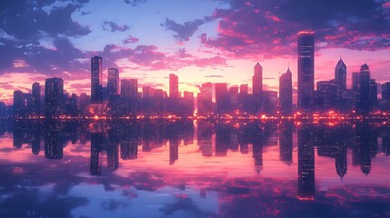 Fototapeta premium Chicago skyline at dusk, anime aesthetic, glowing skyscrapers mirrored perfectly on the still waters of Lake Michigan, warm tones blending with cool blues in the twilight sky, vivid and serene.