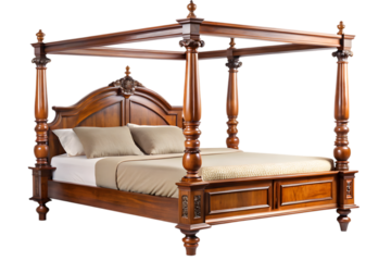 Elegant Canopy Bed: An exquisite, intricately carved wooden canopy bed stands majestically, showcasing traditional craftsmanship.