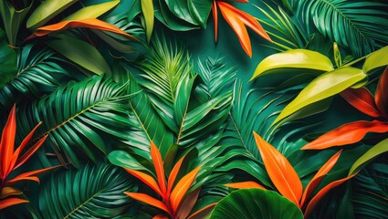 Tropical foliage background featuring various green leaves with orange and yellow accents in a dense arrangement