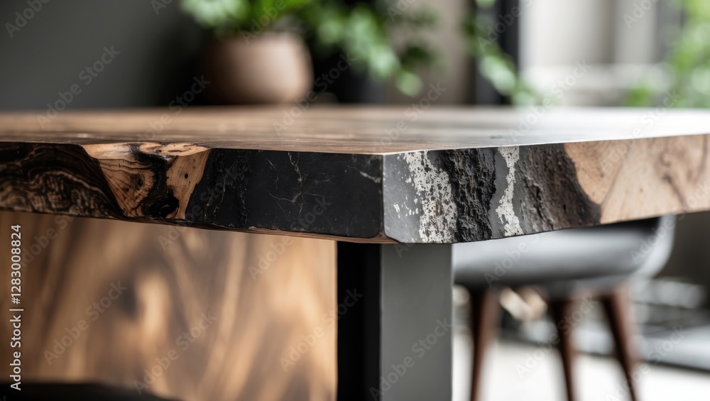 Poster Close-up view of a natural wood table edge featuring unique grain patterns and contrasting dark and light colors with a modern black frame