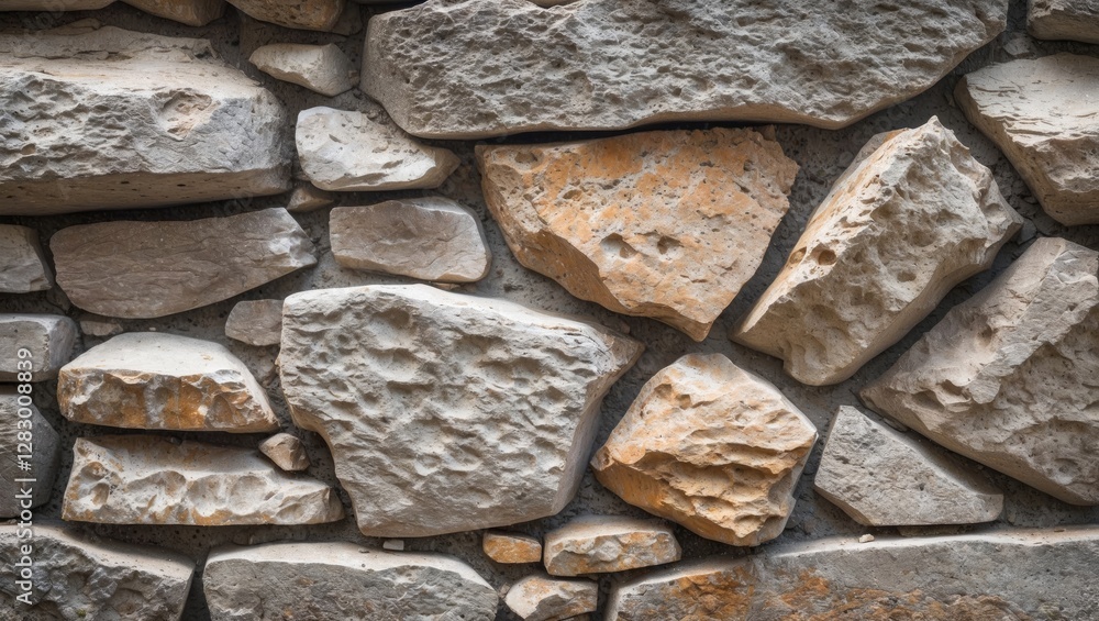 Aufkleber Textured rustic stone wall background with various shapes and colors of natural stones arranged in a random pattern