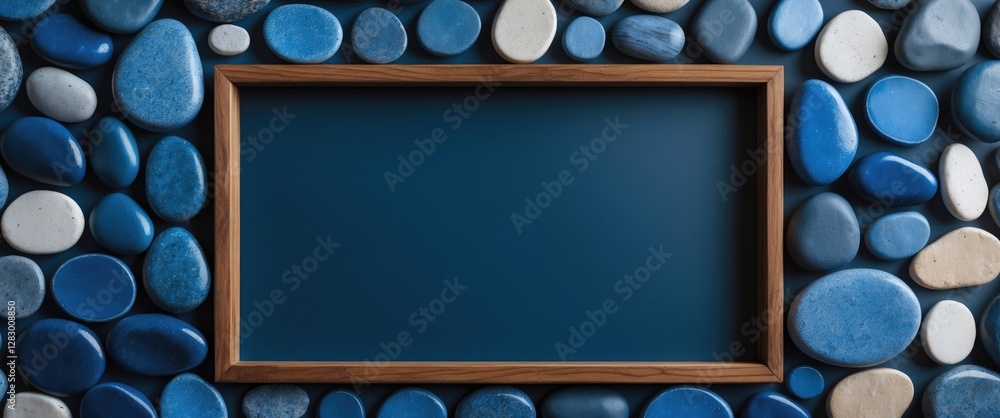 Poster frame of blue and white pebbles with a dark background creating a serene and artistic display, ideal