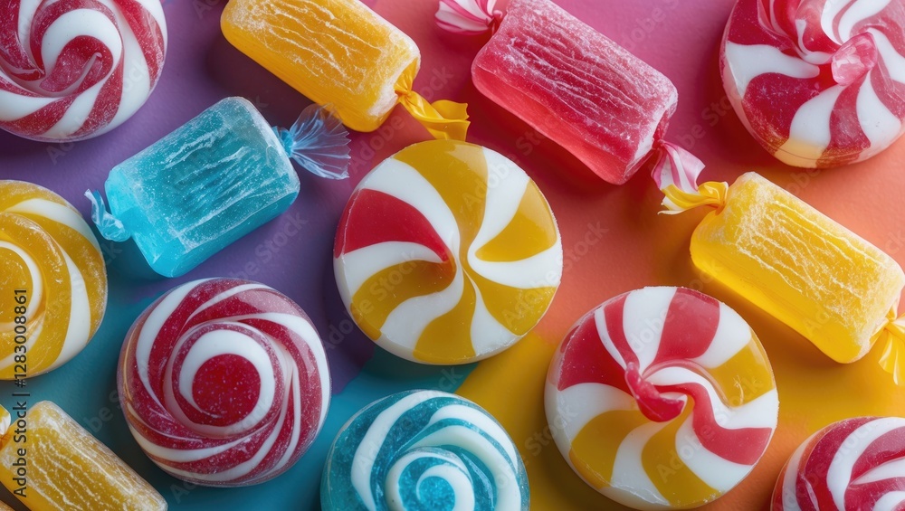 Poster colorful assortment of round lollipops and candy bars arranged on a gradient background in bright co