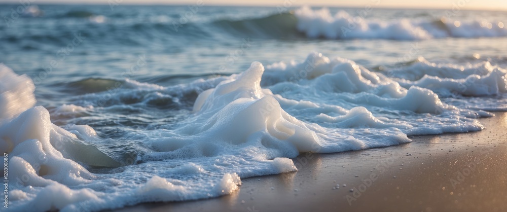 Poster blurry artistic background of ocean waves creating foam on the beach under soft sunlight highlightin