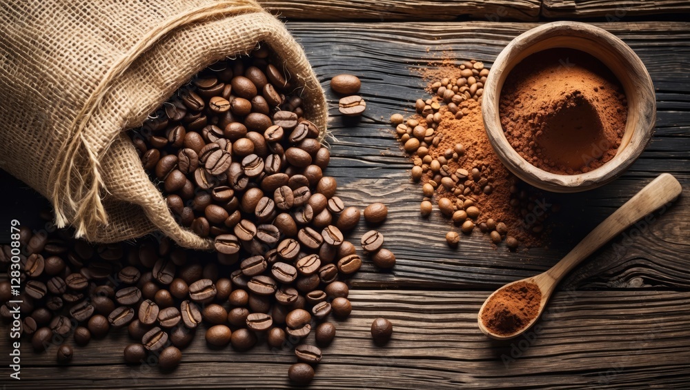 Poster coffee beans spilling from burlap sack with cocoa powder and wooden spoon on rustic wooden table sur